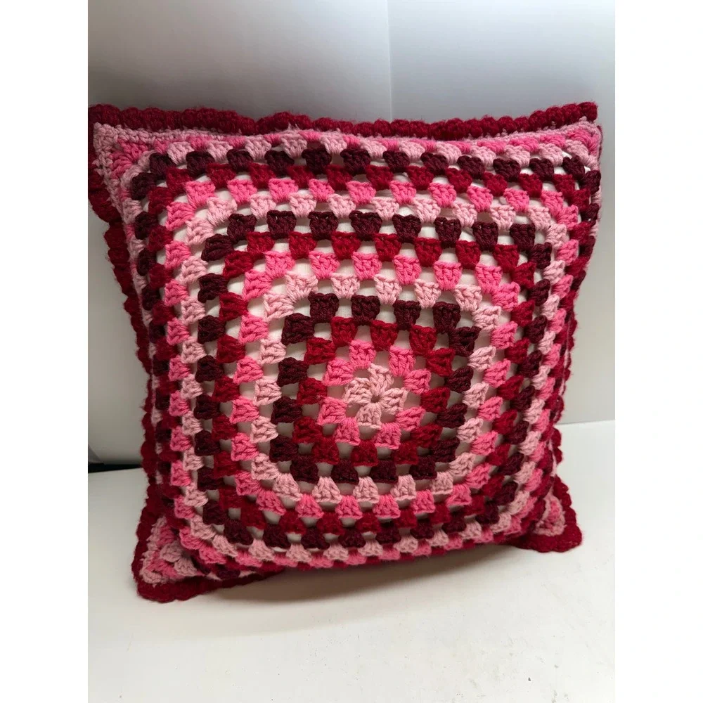 Handmade Crochet Granny Square Throw Pillow Pink Red Burgundy Retro Decorative